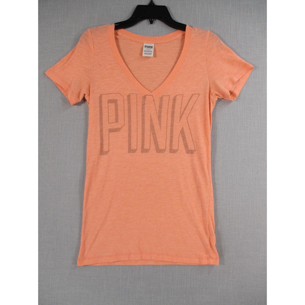 PINK Peachy-Orange Casual Logo Graphic V-Neck T-Shirt Women's Size Small
